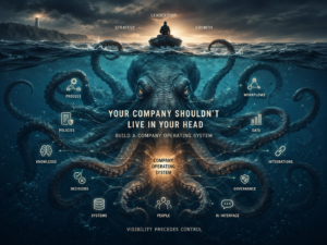 Illustration of a giant kraken beneath the ocean supporting interconnected business systems, symbolizing a Company Operating System that captures institutional knowledge, business processes, governance, and leadership for scalable growth.