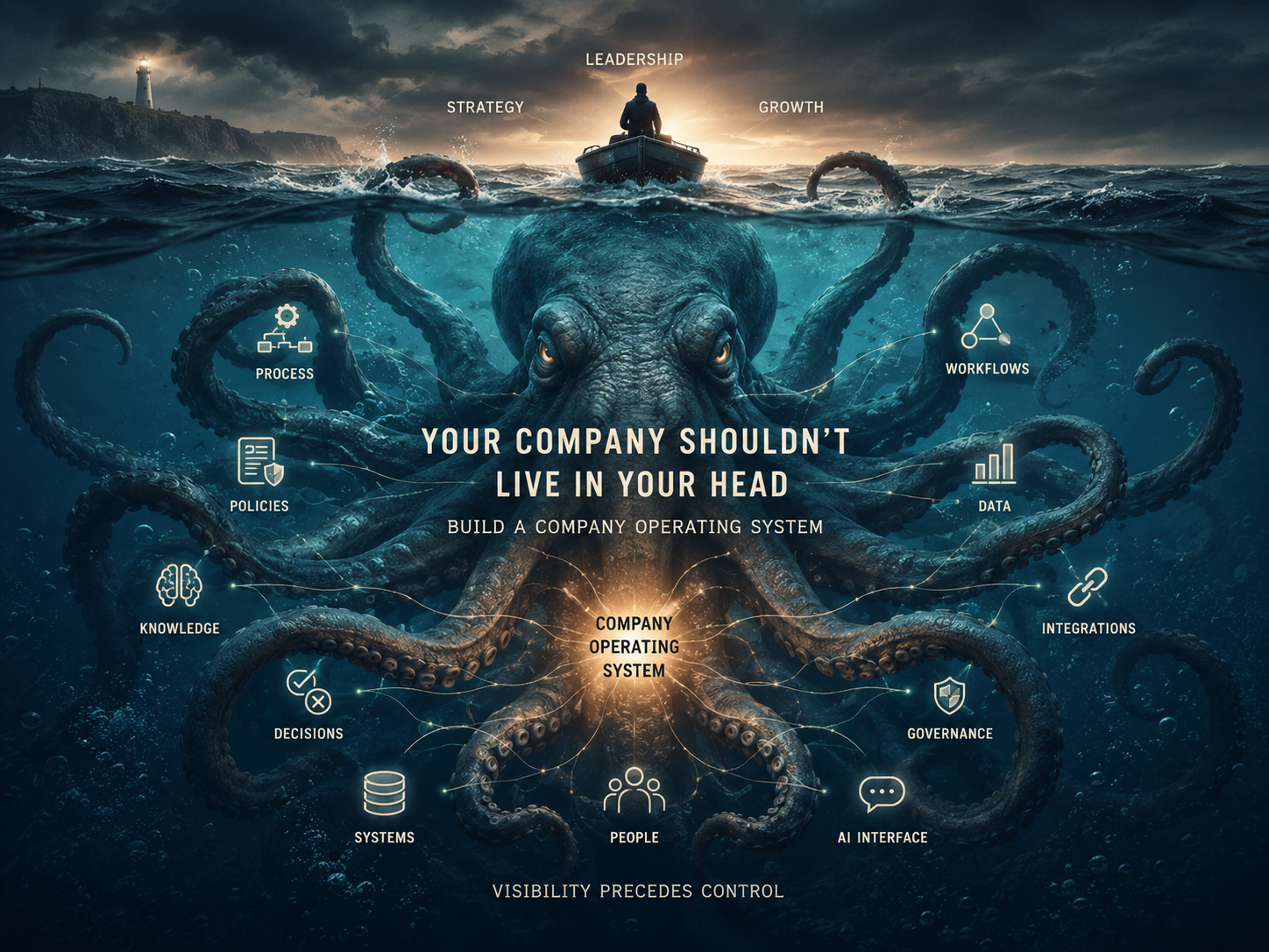 Illustration of a giant kraken beneath the ocean supporting interconnected business systems, symbolizing a Company Operating System that captures institutional knowledge, business processes, governance, and leadership for scalable growth.