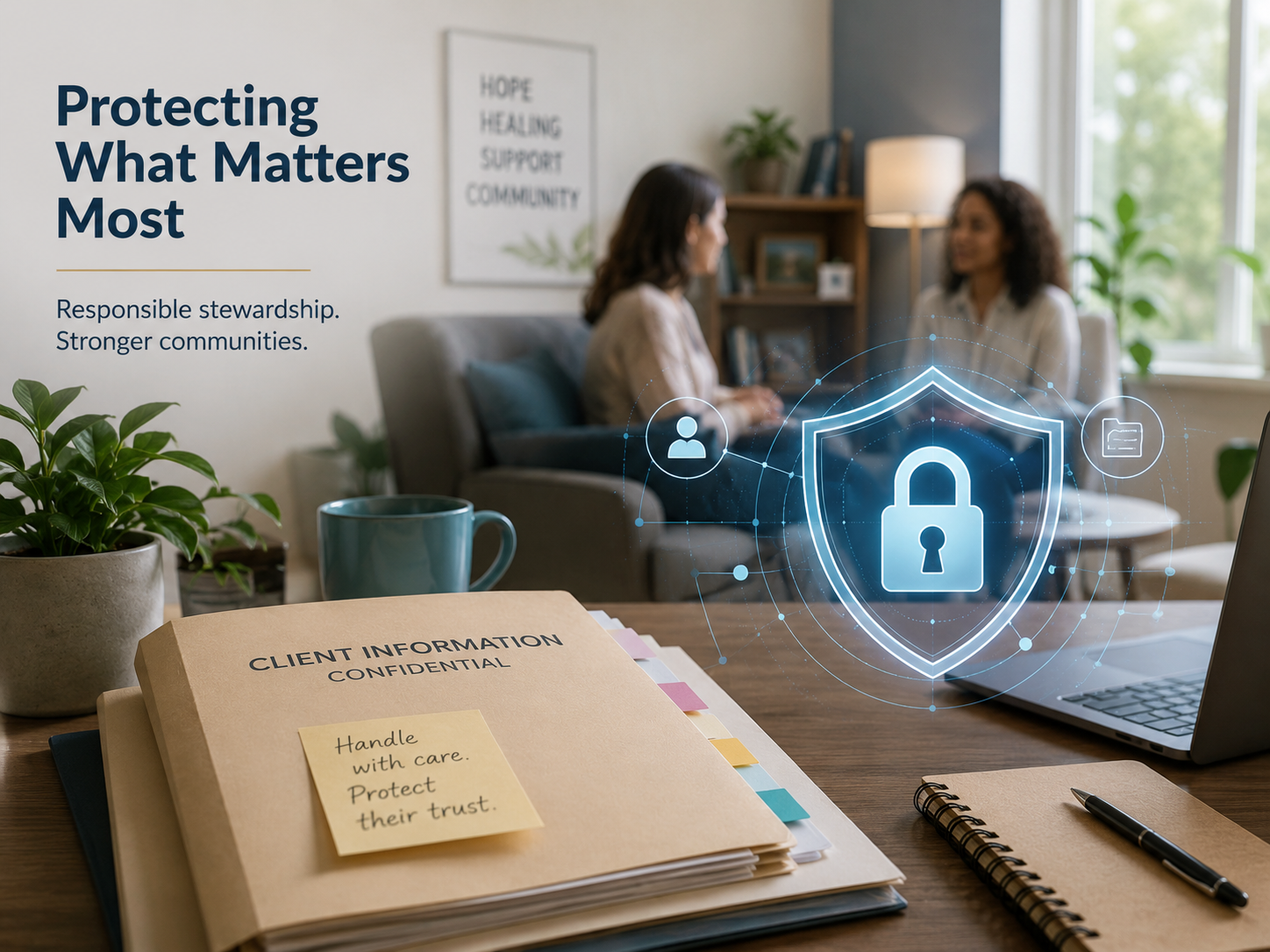 Nonprofit counseling organization discussing client care with cybersecurity and HIPAA compliance safeguards protecting sensitive information.