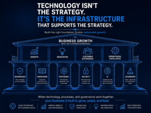 Blueprint illustration showing technology as the foundation supporting business growth through governance, leadership, AI, cybersecurity, compliance, and operational excellence.