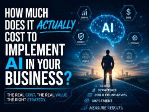 Business executive evaluating the true cost of implementing artificial intelligence with AI, strategy, governance, cybersecurity, and business growth concepts.