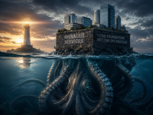 Illustration depicting managed IT services as the foundation supporting cybersecurity, strategic technology leadership, governance, AI readiness, and business growth.