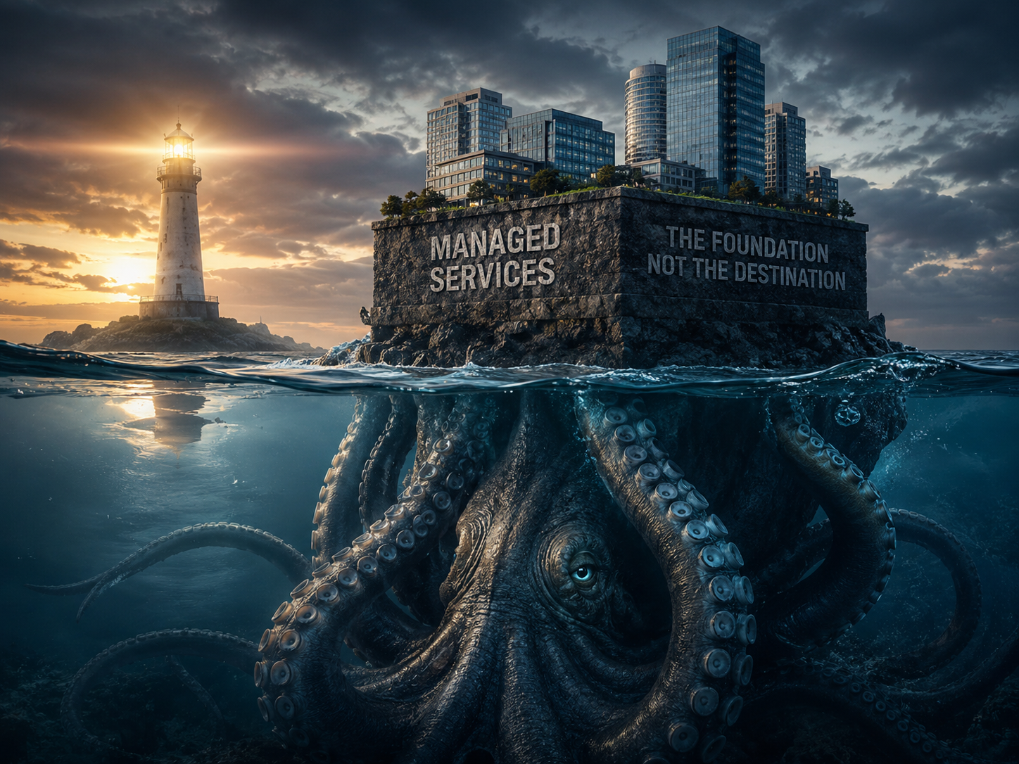 Illustration depicting managed IT services as the foundation supporting cybersecurity, strategic technology leadership, governance, AI readiness, and business growth.