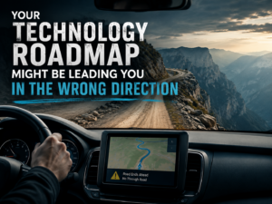 GPS navigation inside a vehicle overlooking a mountain road, illustrating how a technology roadmap should align with business strategy rather than technology alone.