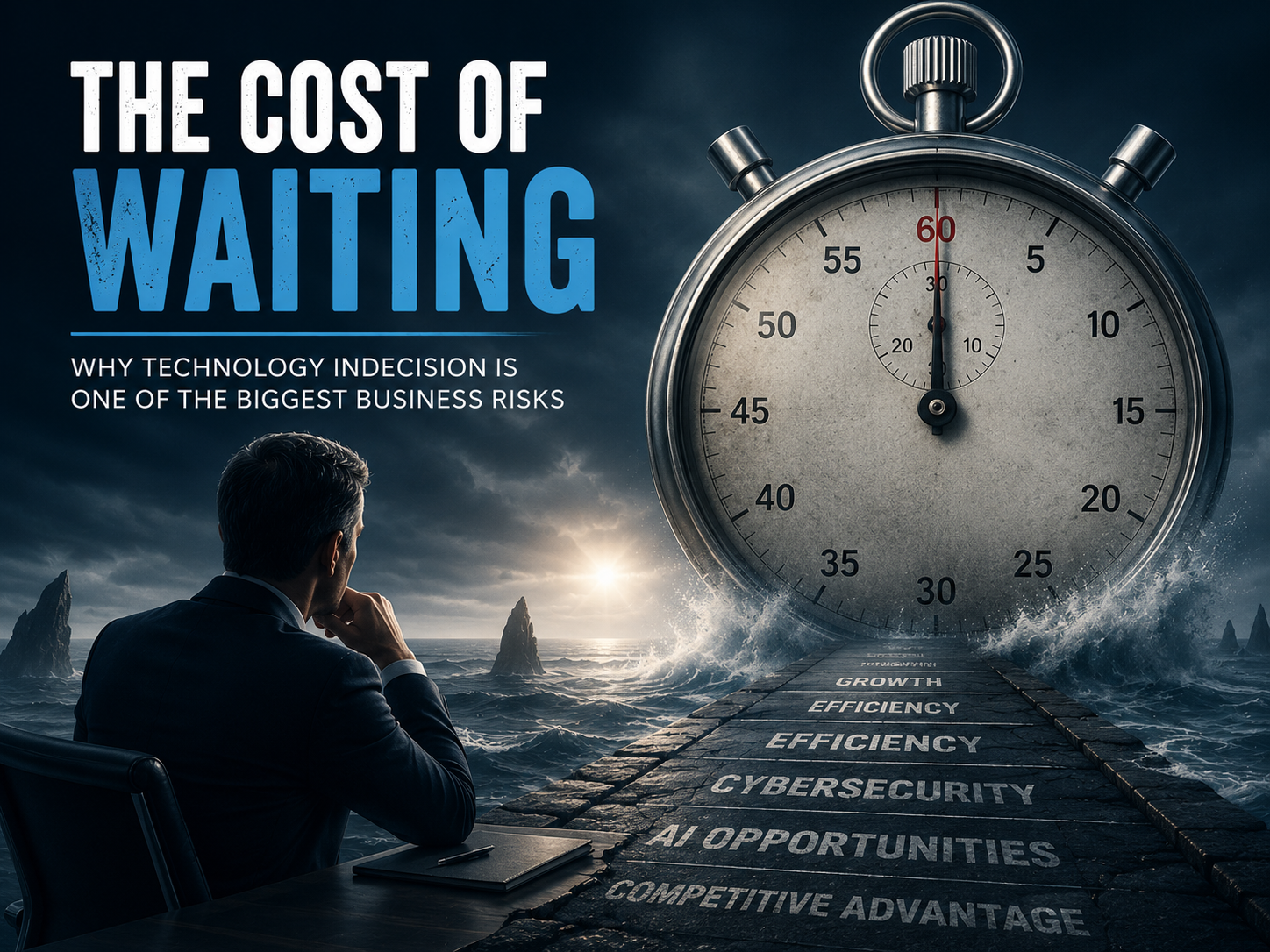 Business leader contemplating technology decisions beside a large stopwatch representing the cost of waiting and technology indecision.